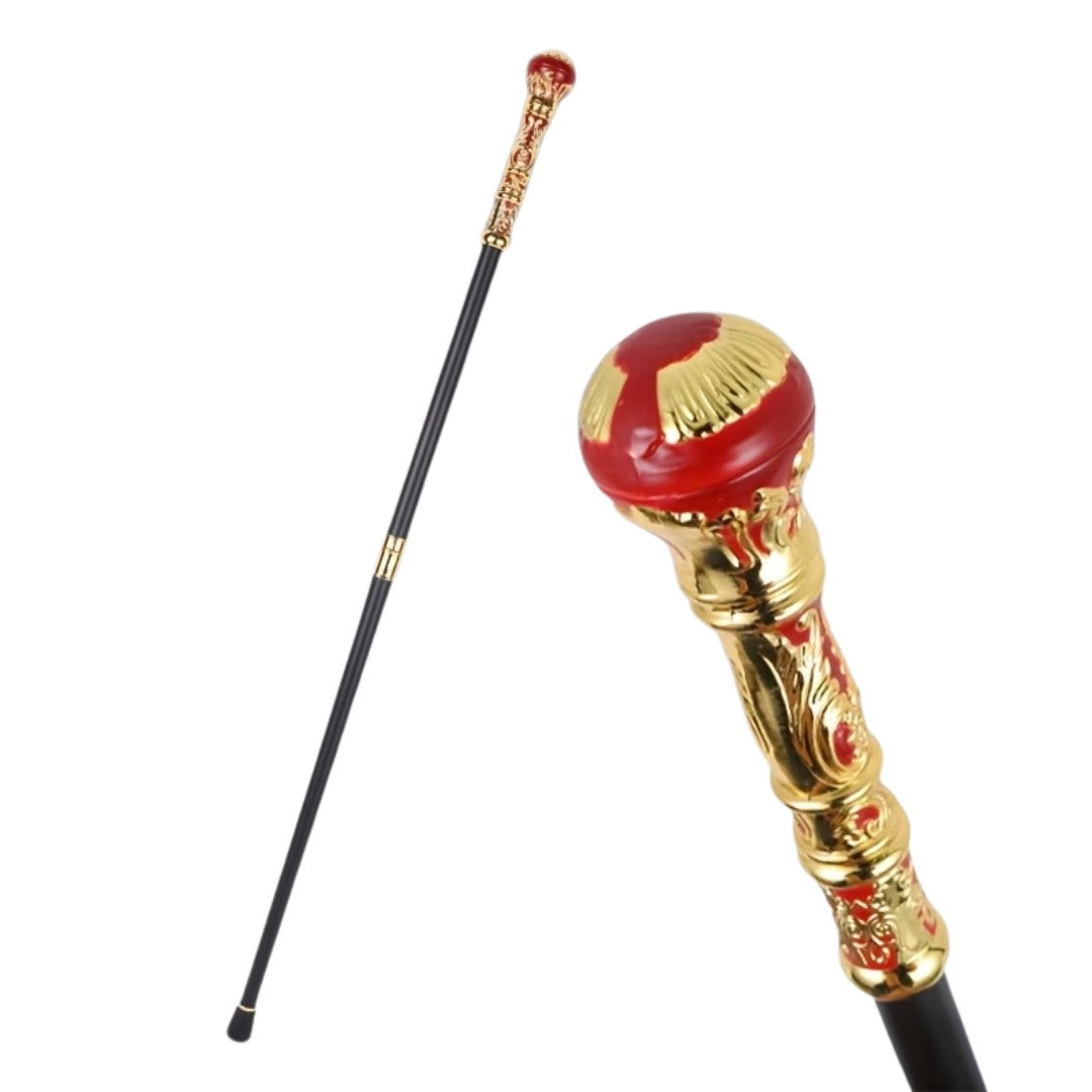 Gold sceptre walking cane with red and gold ball handle, 93cm