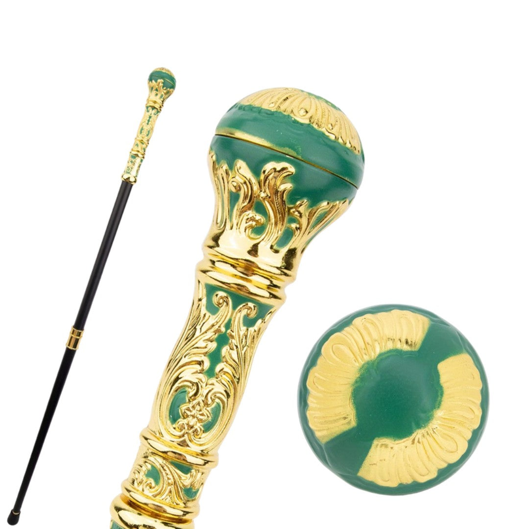 Gold sceptre walking cane with green and gold ball handle, 93cm