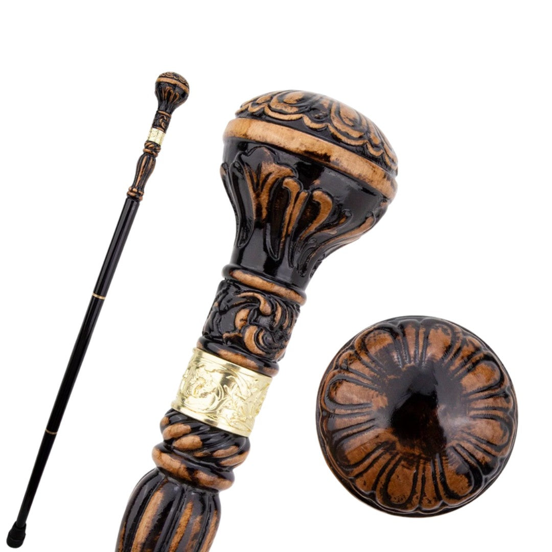 Silver sceptre walking cane with carved black brown wooden ball, 95cm