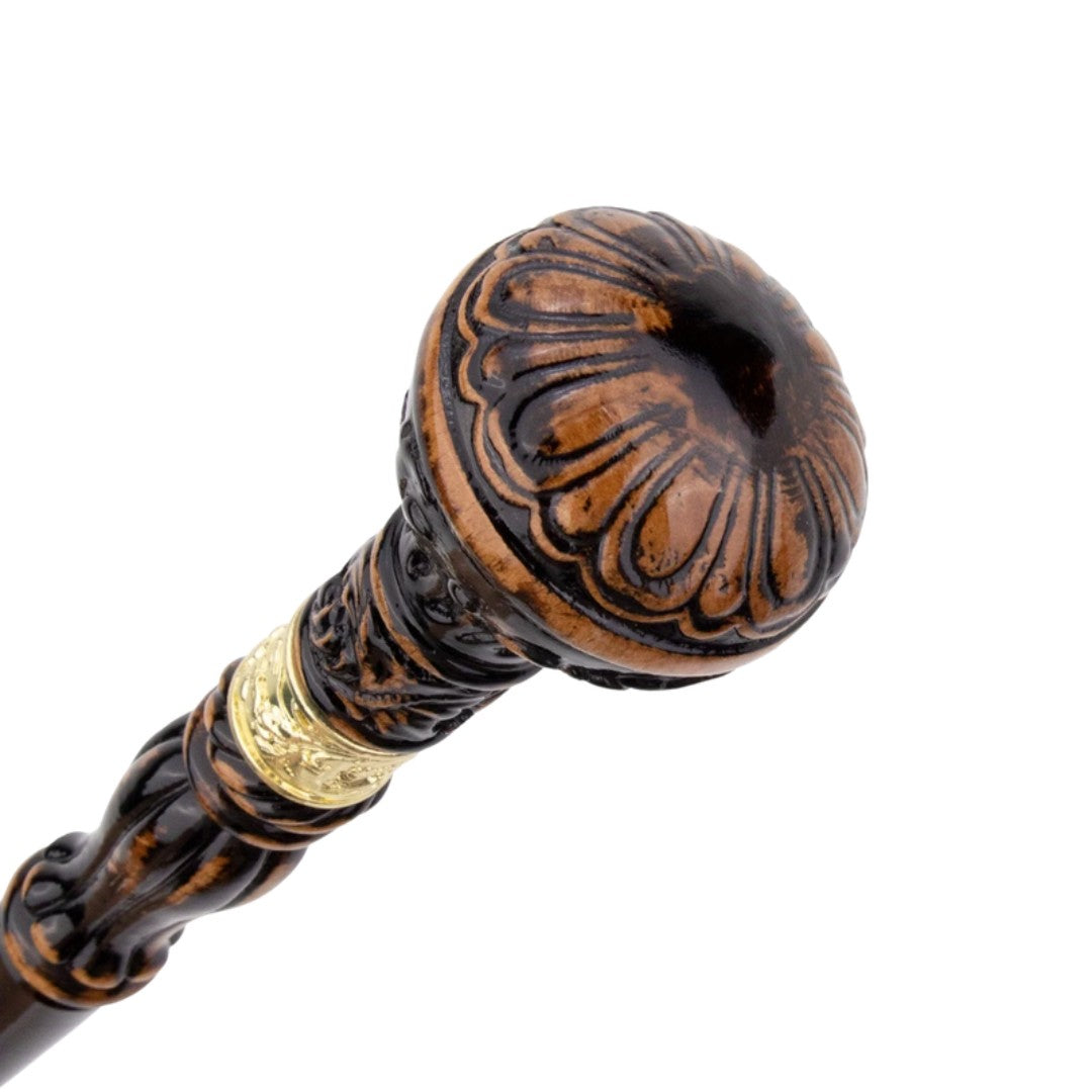 Black brown carved walking cane full length view