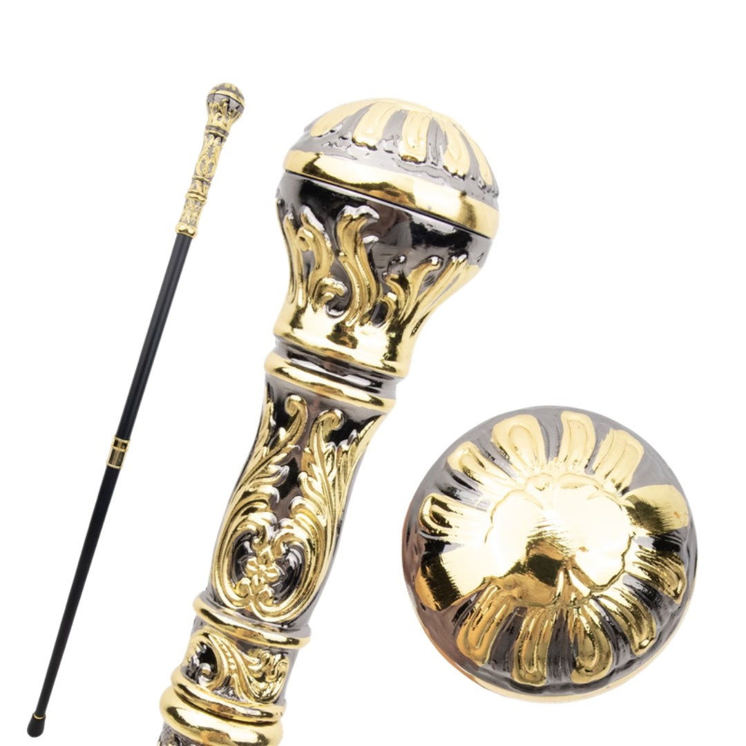 Gold sceptre walking cane with gold and silver ball handle, 93cm