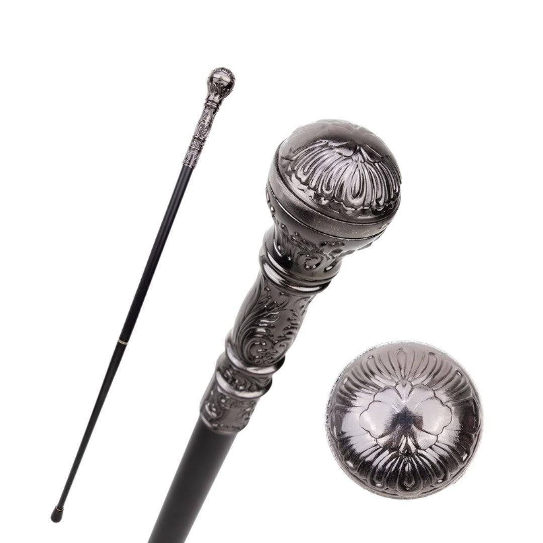 Silver sceptre walking cane with dark grey engraved ball, 93cm