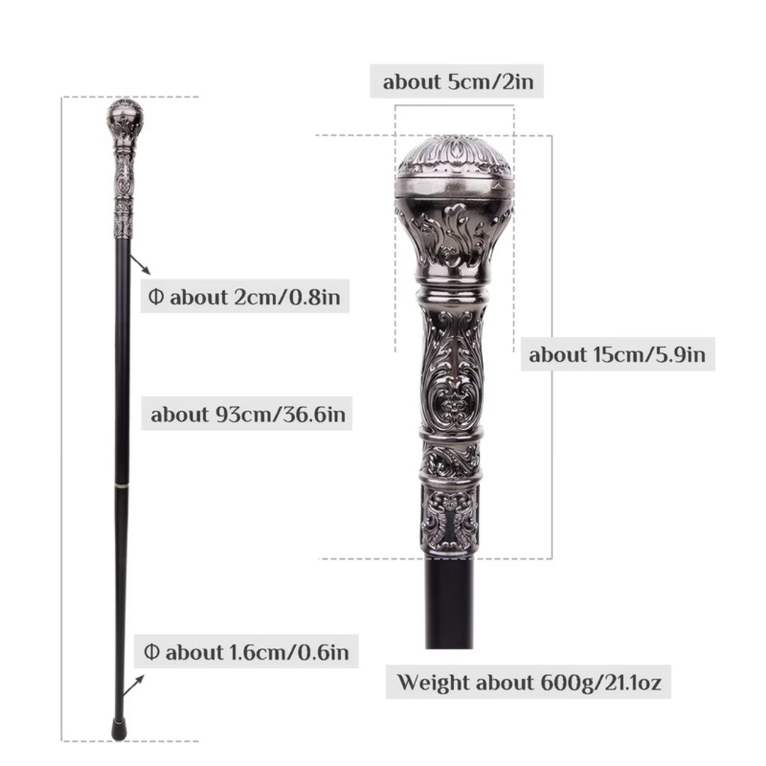 Dark grey engraved ball handle detail on walking cane
