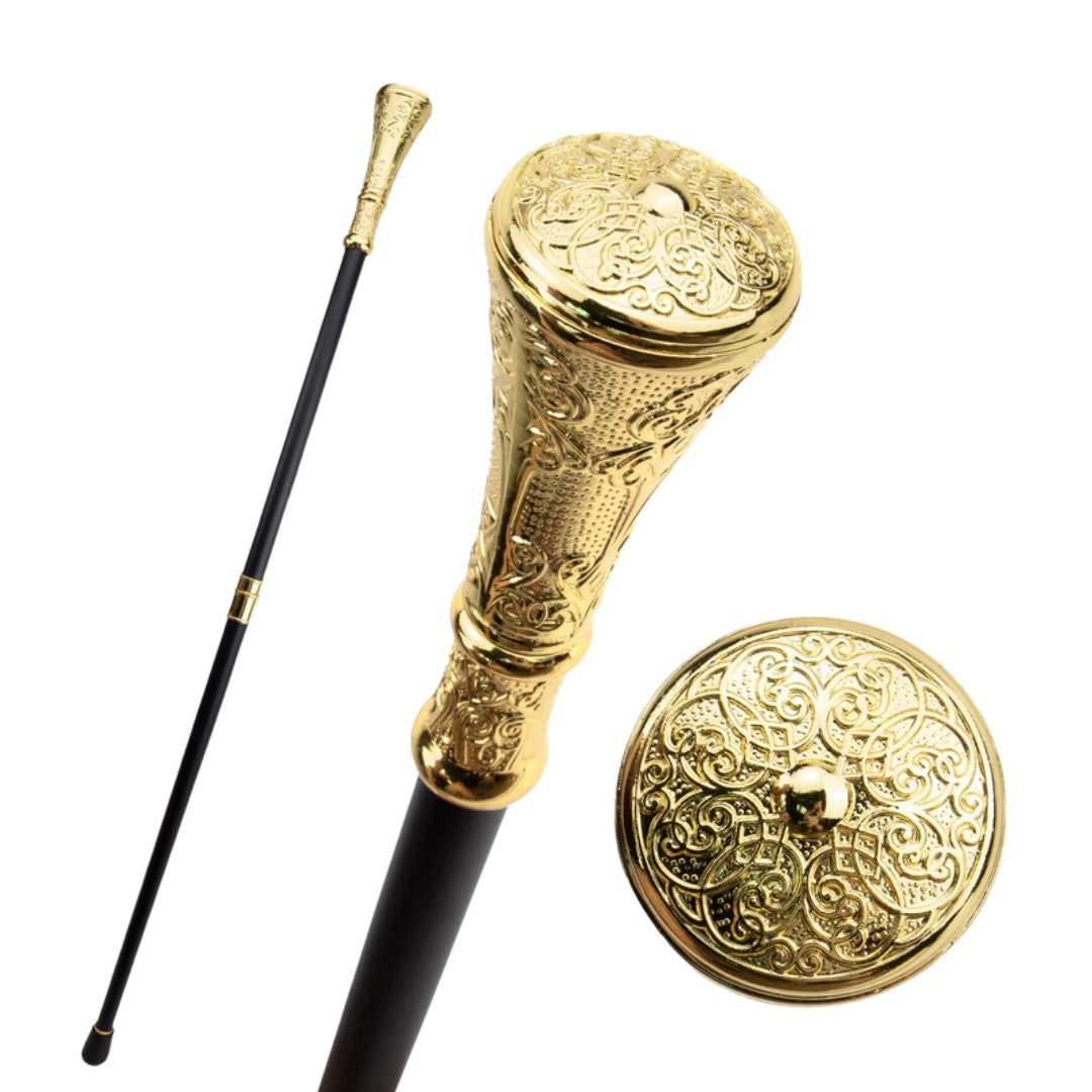 Gold engraved knob walking cane, 93cm