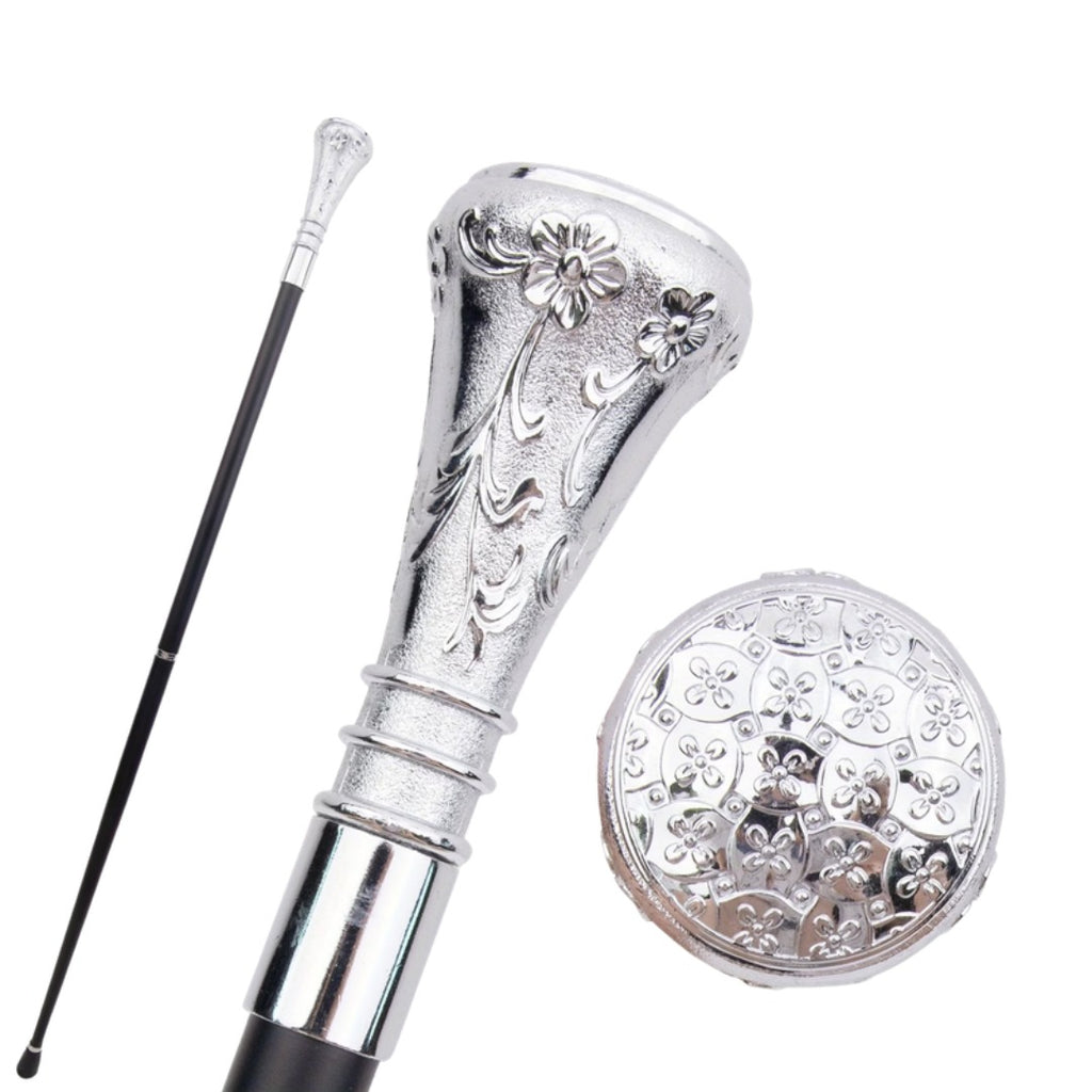 Silver flower embossed knob walking cane, 93cm