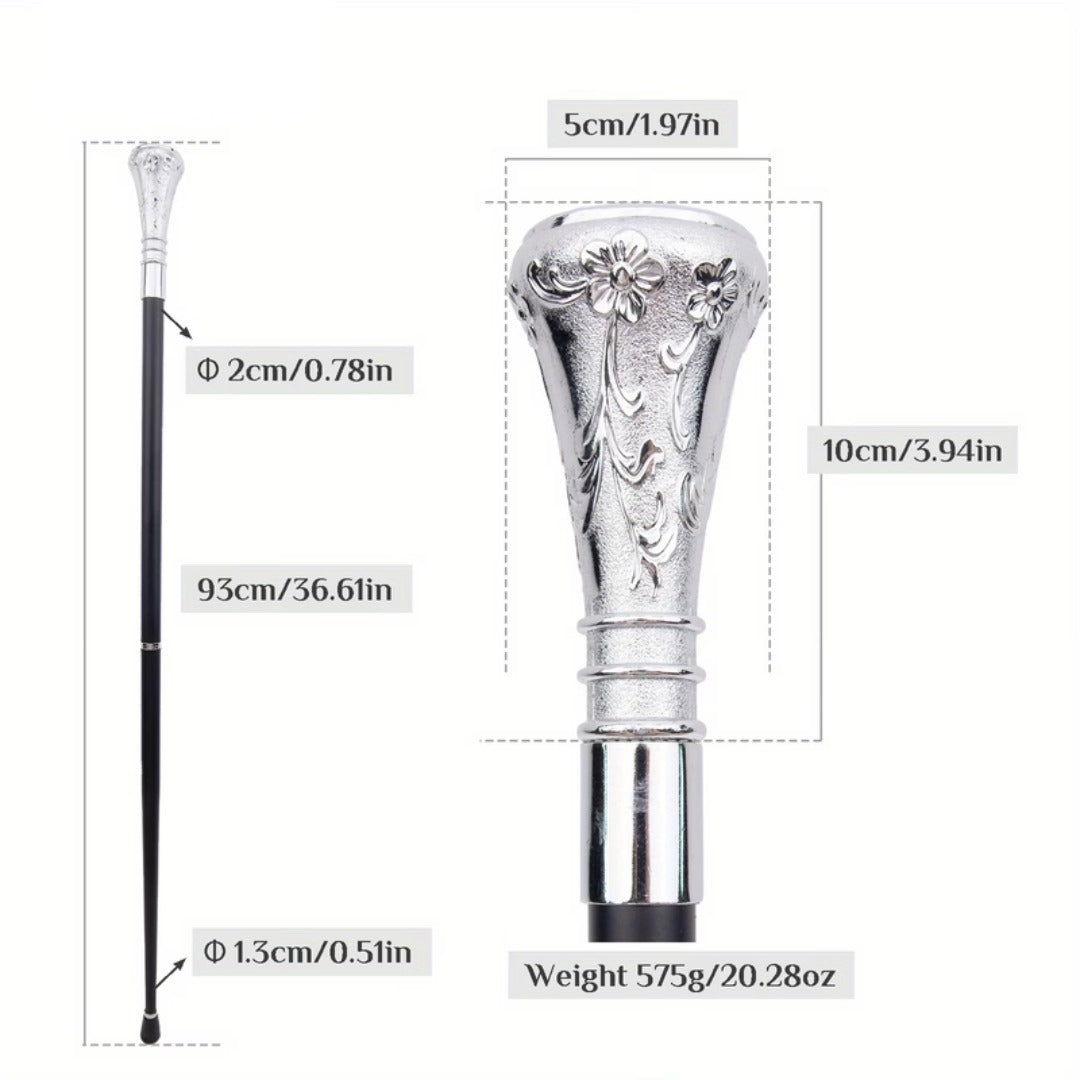 Silver flower walking cane, dimensions and full length