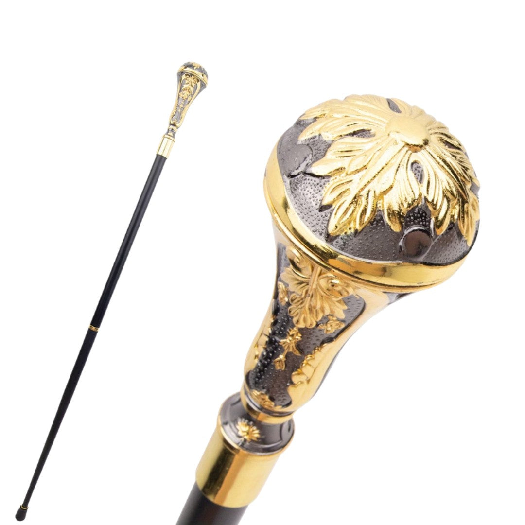 Leaf ball walking cane in gold and black metal, 95cm