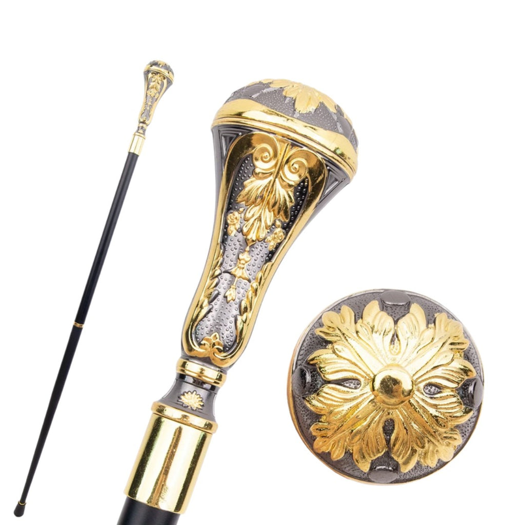 Leaf ball walking cane gold and black full length