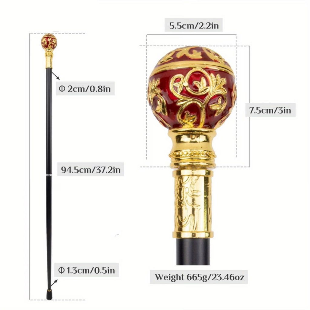 Red enamel ball wrapped in golden vine scrollwork detail