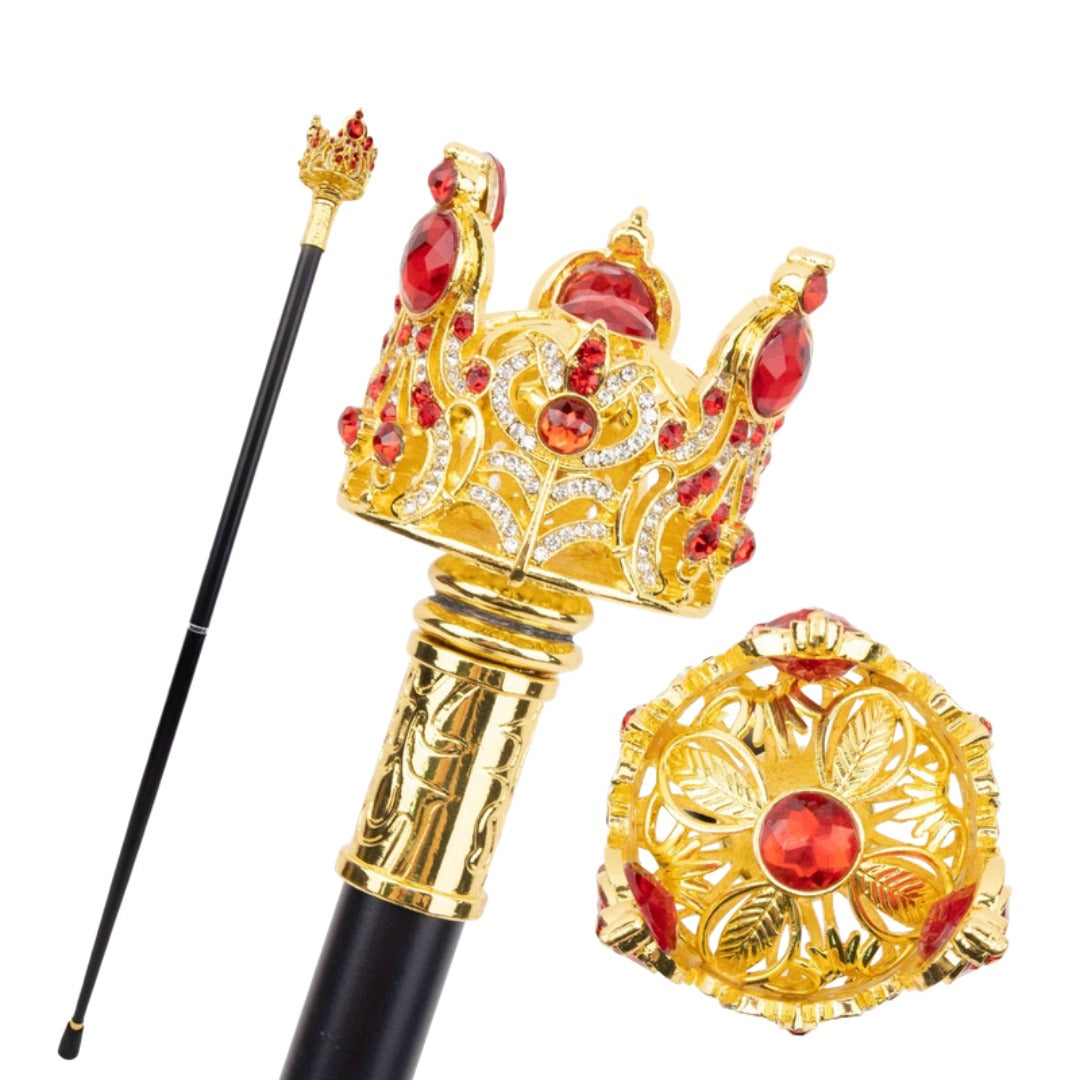 Crown sceptre walking cane in gold and red, 95cm