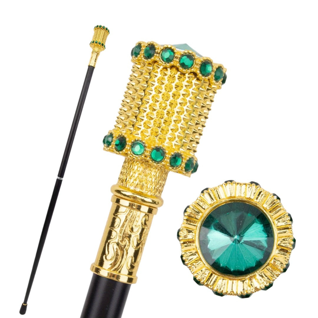 Green stone walking cane with gold studded head, 94cm