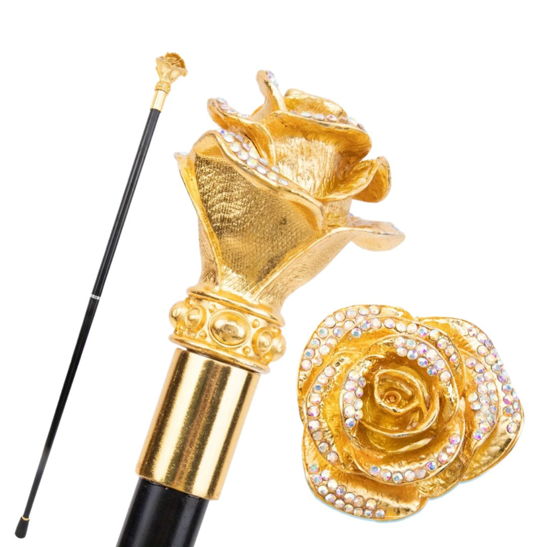 Golden rose walking cane with sparkling petal edges, 95cm
