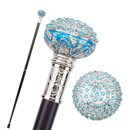 Blue stone ball walking cane in silver, 92cm
