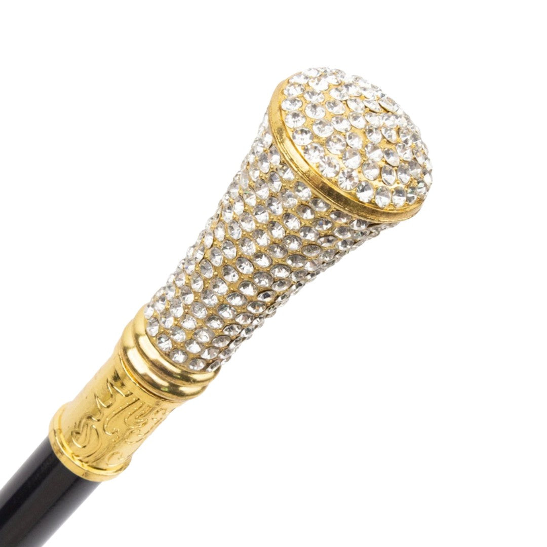 Diamanté white and gold walking cane full length view